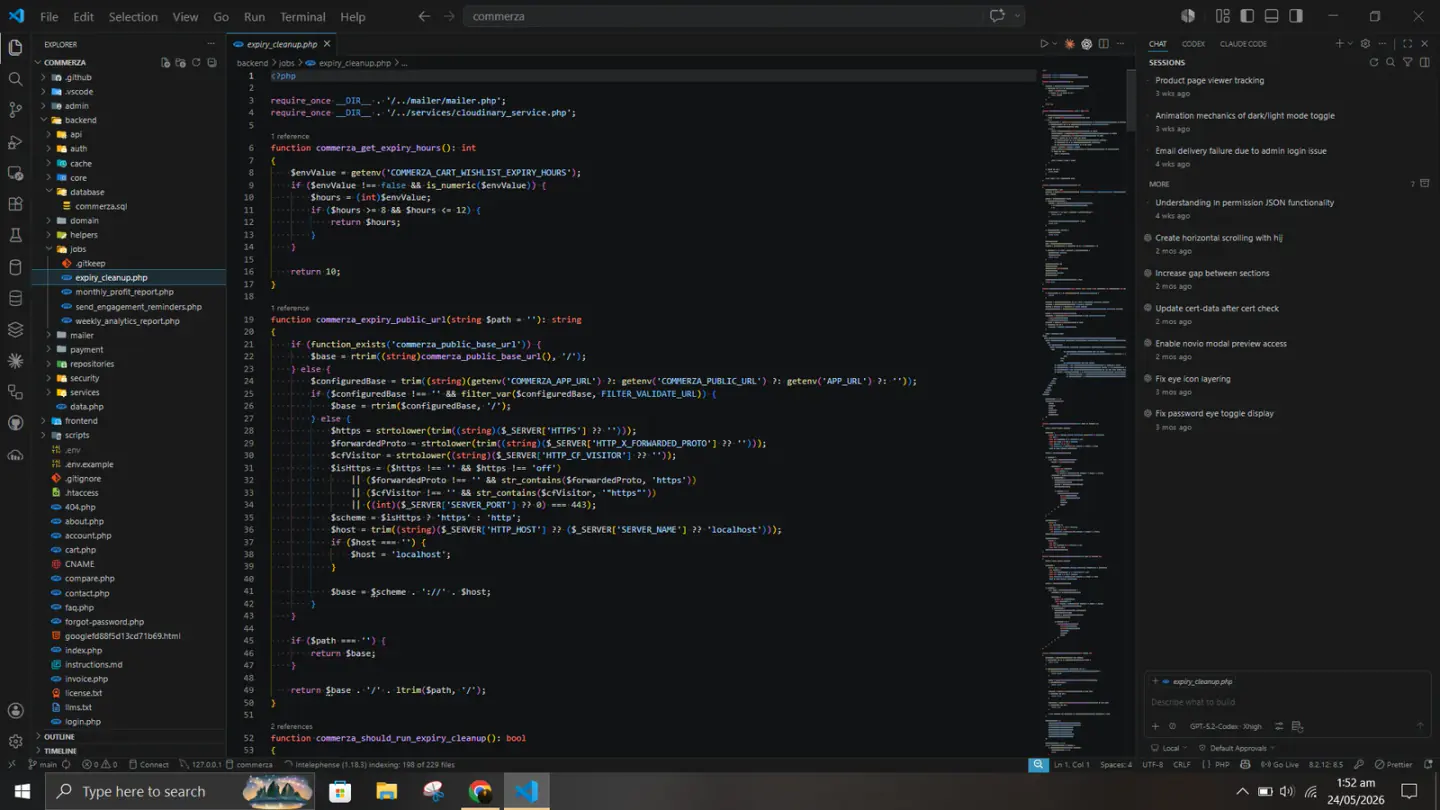 GitHub Copilot agent mode in VS Code: active code generation session, PHP security helpers file open