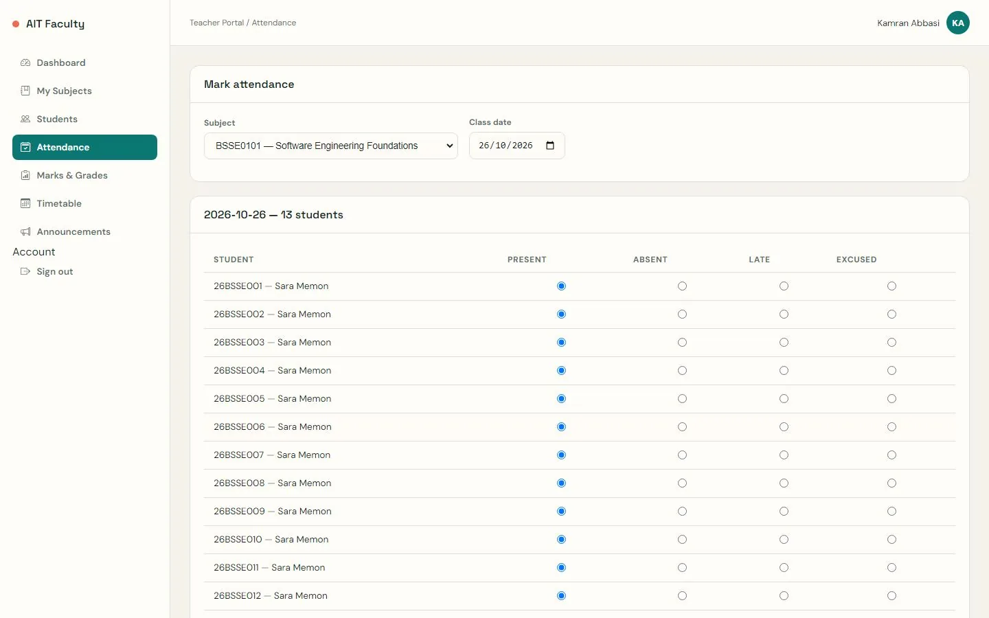 The teacher attendance page: a subject, a class date and a list of students with Present, Absent, Late and Excused options