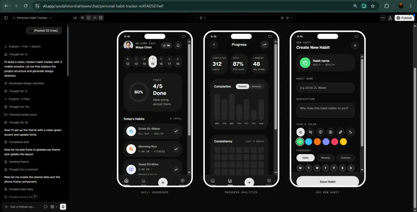 v0 by Vercel editor showcasing three dark-themed mobile screens: Daily Dashboard, Progress Analytics, and Create New Habit form.