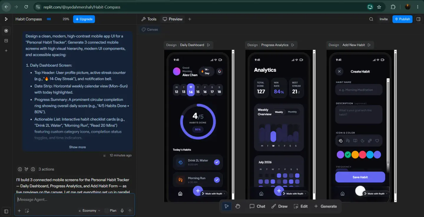 Replit interface displaying three dark-mode mobile screens for a Habit Compass app with prompt history on the side panel.