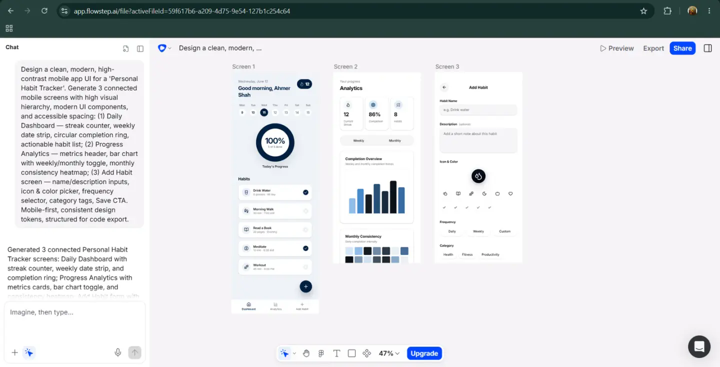 Flowstep AI tool showing three mobile app screens for a personal habit tracker: Daily Dashboard, Progress Analytics, and Add Habit form.