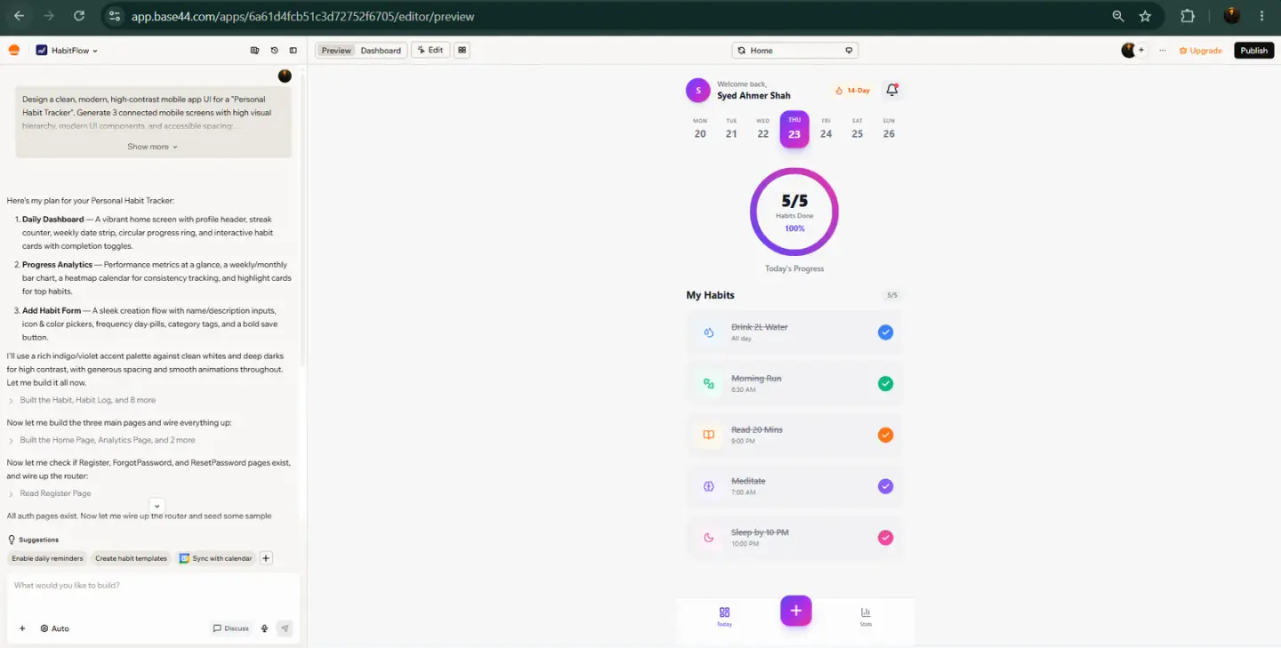 Base44 interface previewing a Personal Habit Tracker web app dashboard with daily progress ring, 14-day streak, and checklist items.