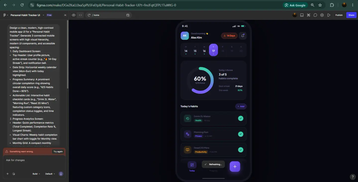 Figma Make editor showing a dark-mode mobile UI for a habit tracker dashboard with a 60% completion ring and daily habit items.