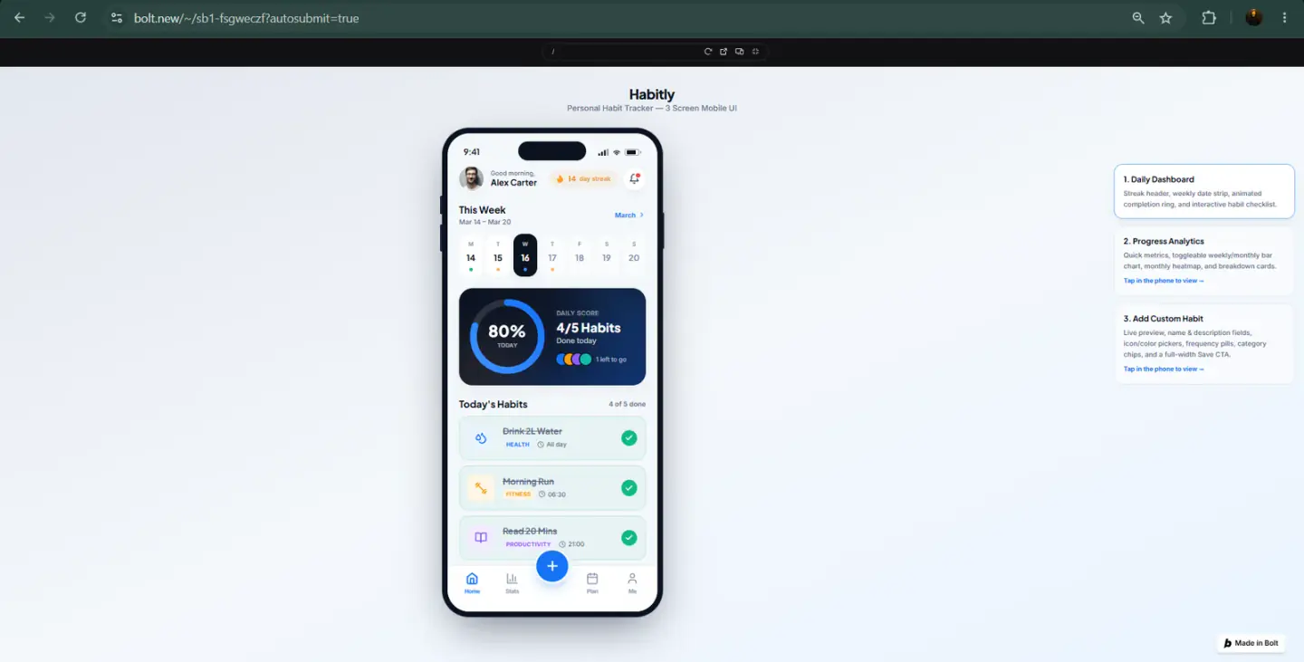 Bolt.new interface rendering a mobile mockup of 