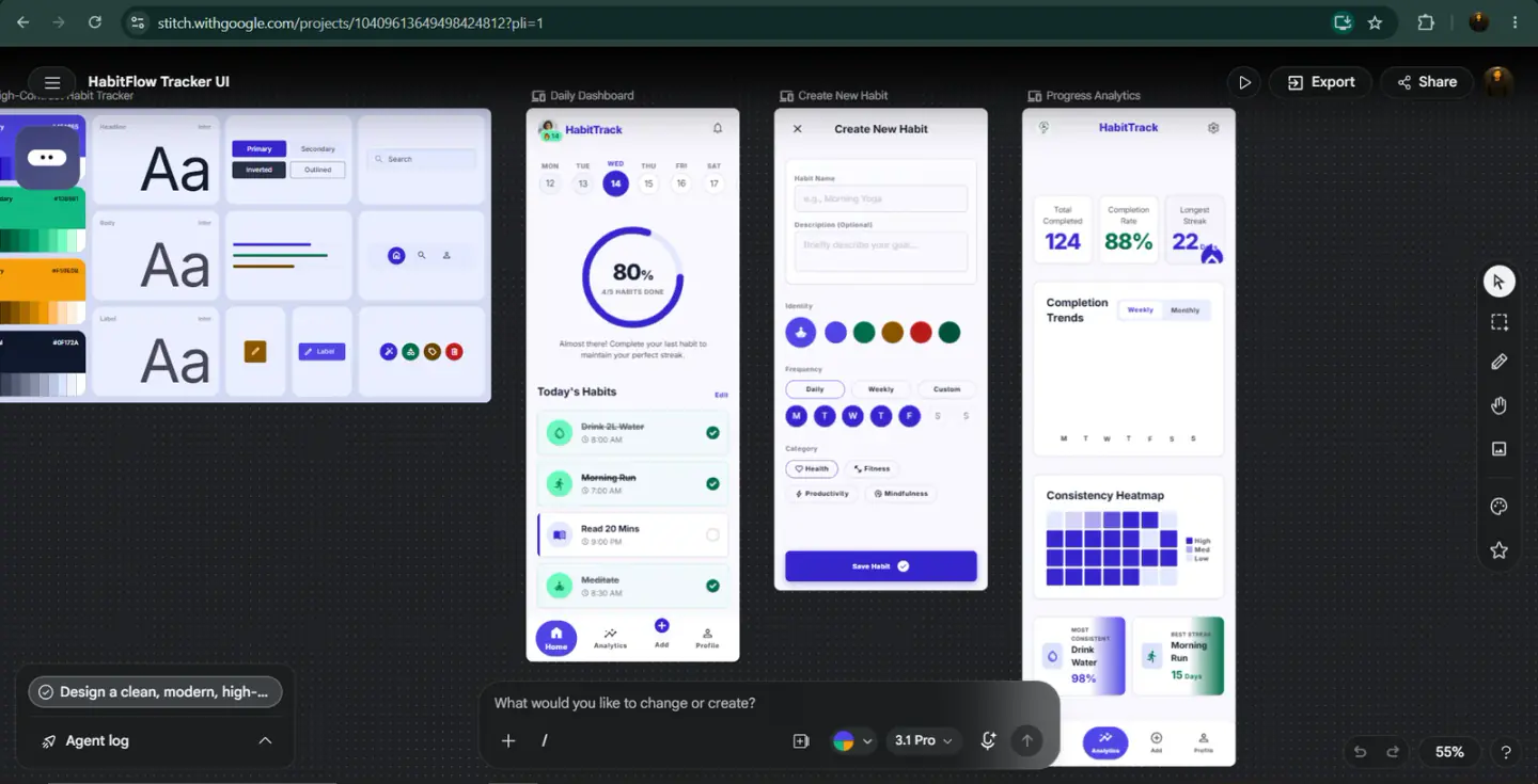 Google Stitch interface displaying mobile UI designs for a habit tracking app, featuring design tokens, dashboard, form, and analytics screens.