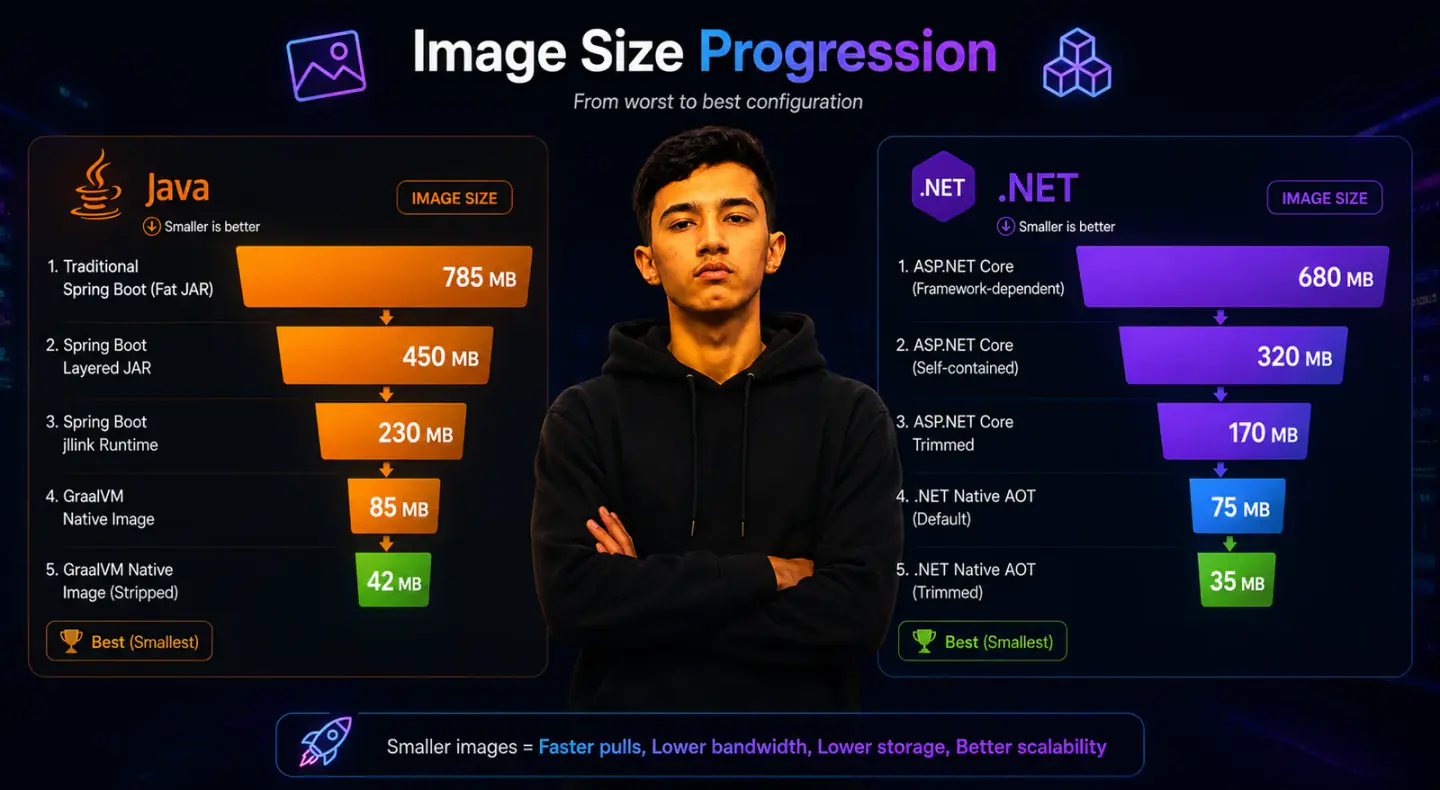Image size progression — two side-by-side waterfall/funnel charts showing Java and .NET from worst to best configuration