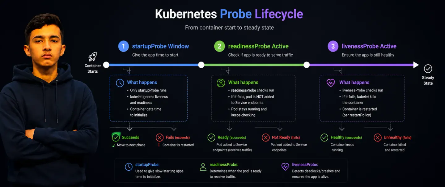 Kubernetes probe lifecycle diagram — a horizontal timeline showing startupProbe window → readinessProbe active → livenessProbe active, with what happens at each phase