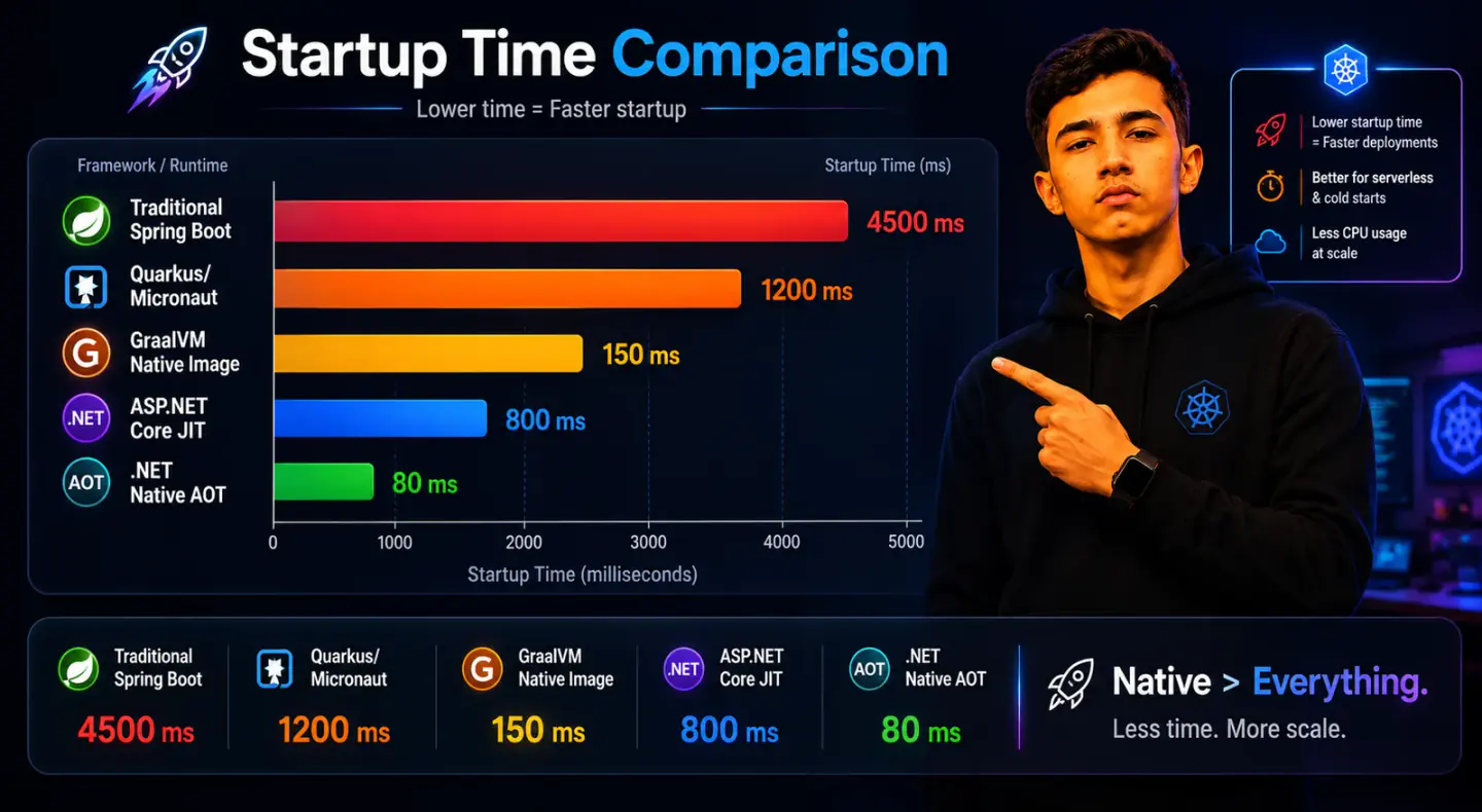 Startup time comparison chart — horizontal bar chart with five bars: Traditional Spring Boot, Quarkus/Micronaut, GraalVM Native Image, ASP.NET Core JIT, .NET Native AOT
