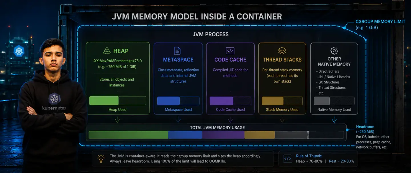 JVM memory model diagram — showing heap, metaspace, code cache, thread stacks, and the cgroup memory boundary as a container wall