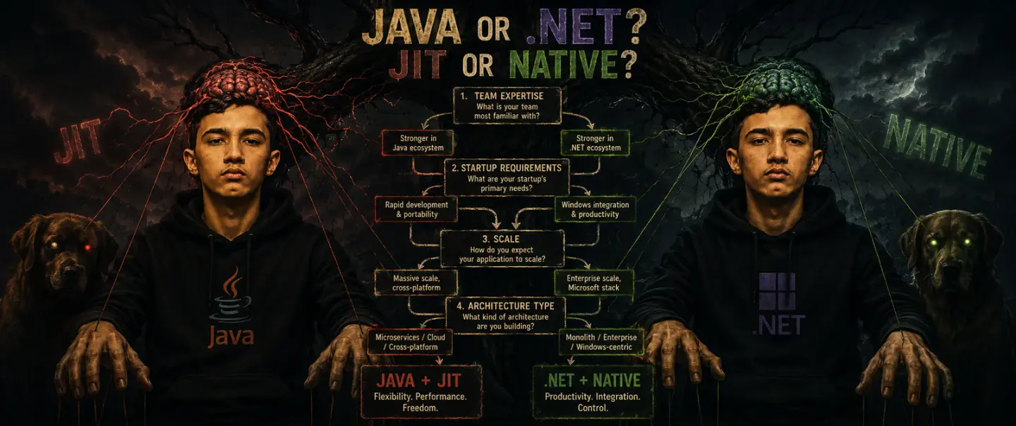 "Java or .NET? JIT or Native?" decision tree with branching questions about team expertise, startup requirements, scale, and architecture type 