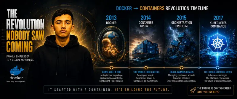 A timeline from Docker's launch to the growth of containers and Kubernetes adoption.