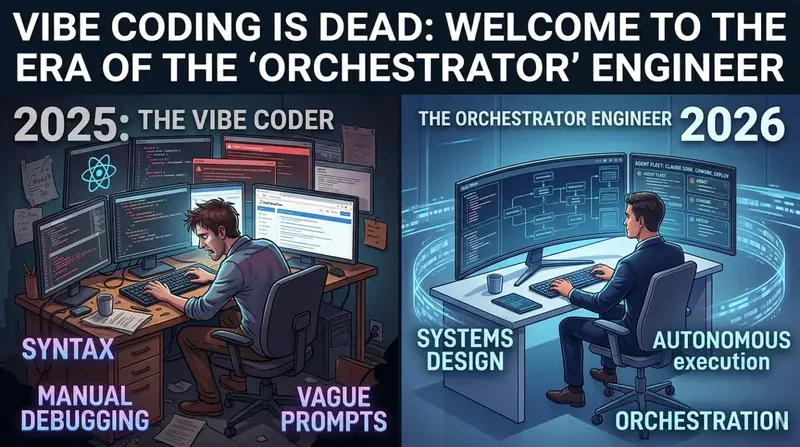  The chaos of 2025 (Vibe Coding) versus the organized command of 2026 (Orchestration).
