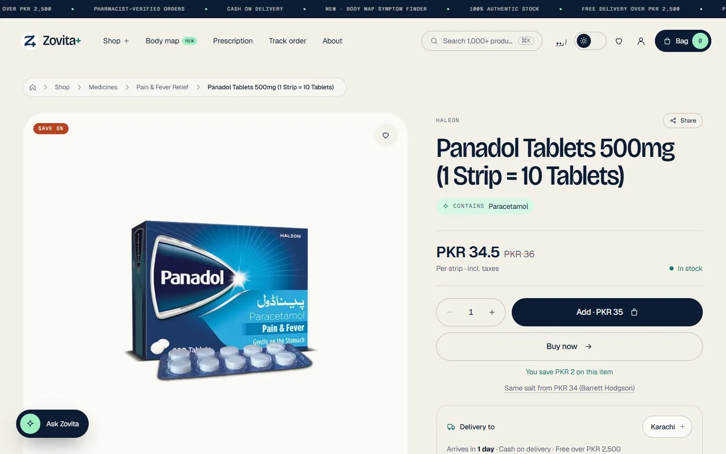 The Zovita+ product page: price with the discount, the "same salt, other brands" rail and the price-insight histogram. Viewing it, and staying on it, is what the store counts.