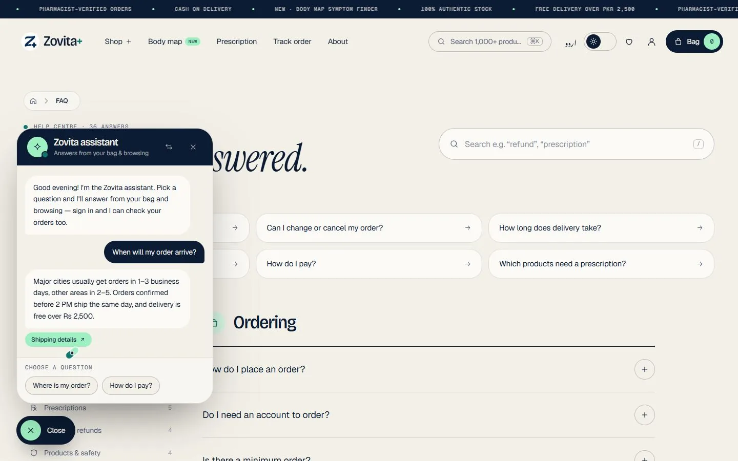The assistant: preset questions, and a personal answer listing the visitor's live offers with links to the products.