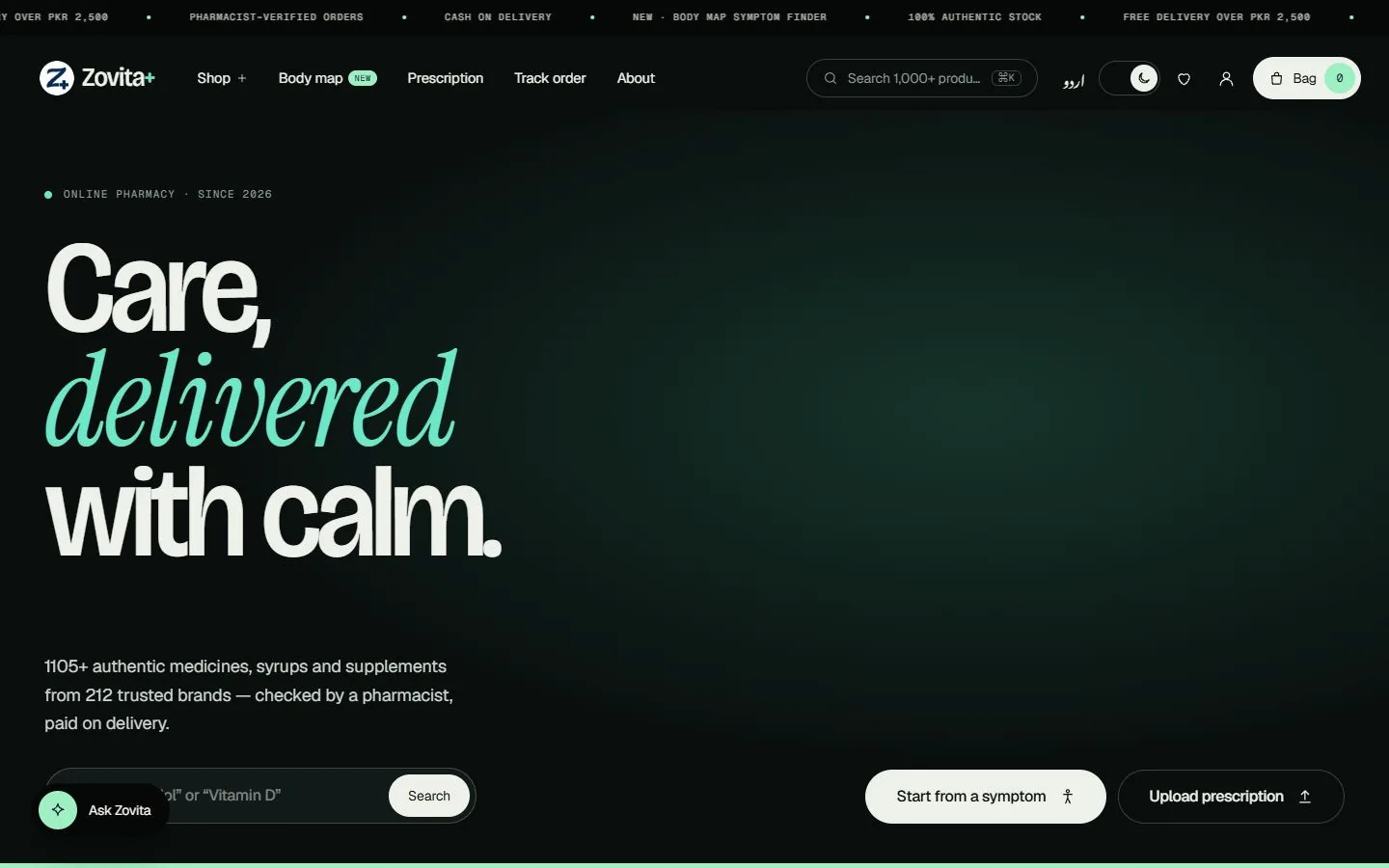 The home page in the dark theme: the same tokens redefined for night, with the mint accent kept for the one action that matters.