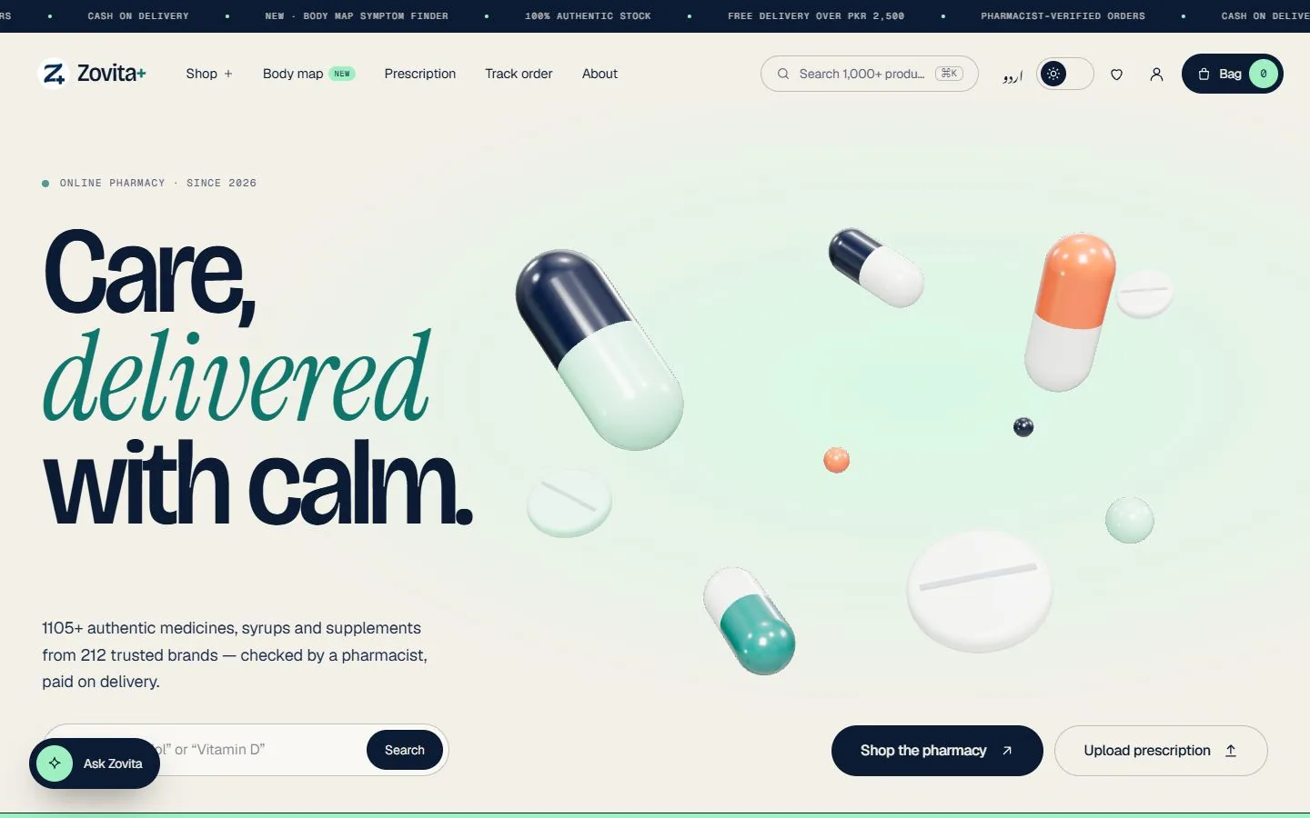 The Zovita+ home page: a 3D pill in the hero, "Care, delivered with calm", search, and shortcuts to the shop, the body map and prescription upload.